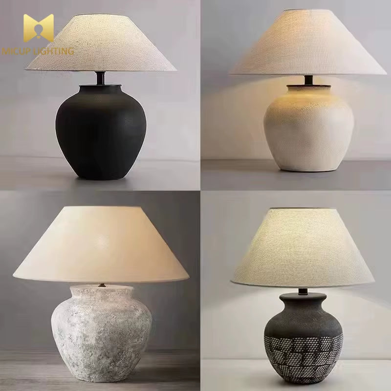 Handmade Vintage Style Ceramic Table Lamp Classic Home Decor with Rustic Porcelain Antiqued Material Battery Powered