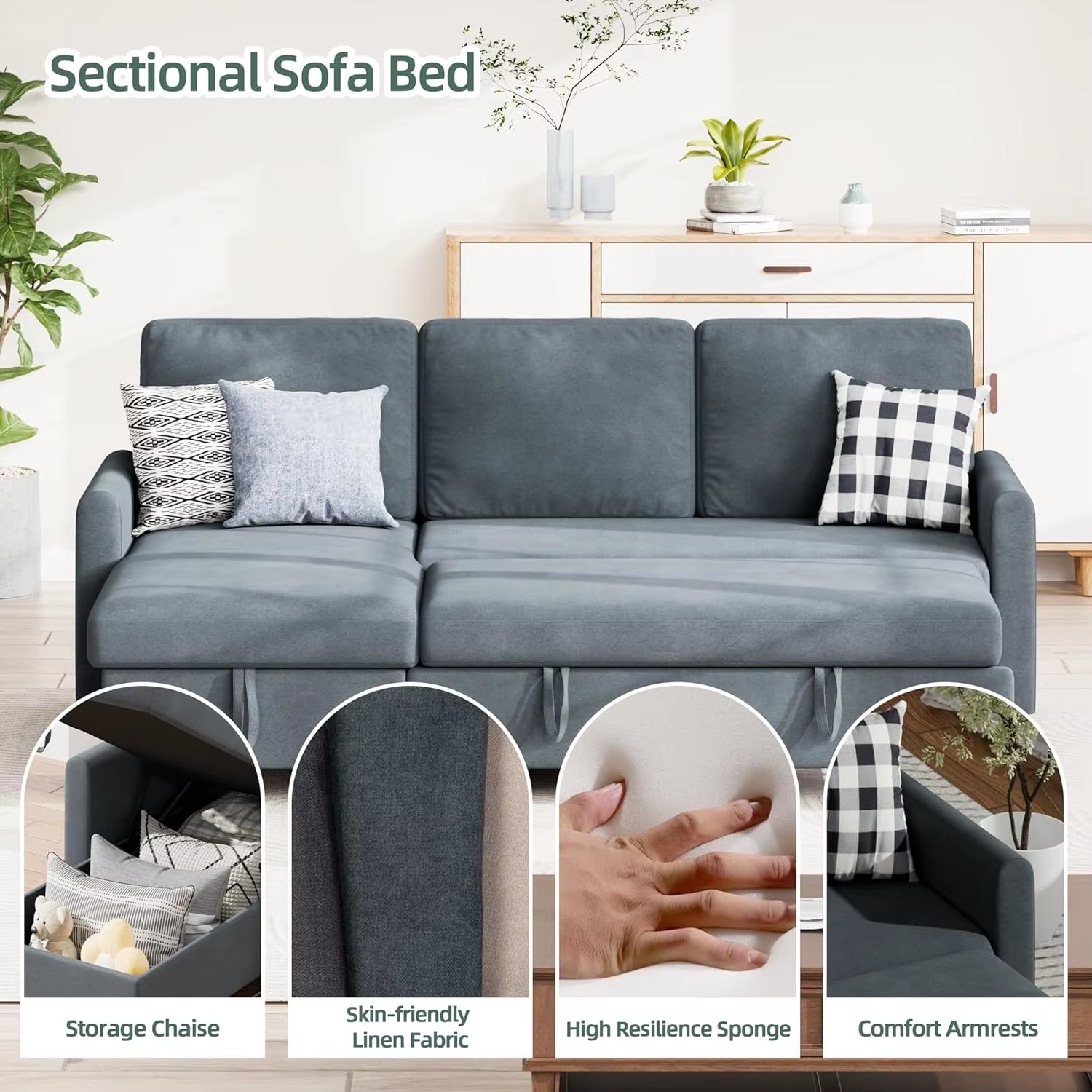 2 in 1 Pull Out Sofa Bed with Storage Chaise Linen Sectional Sleeper Couch for Living Room