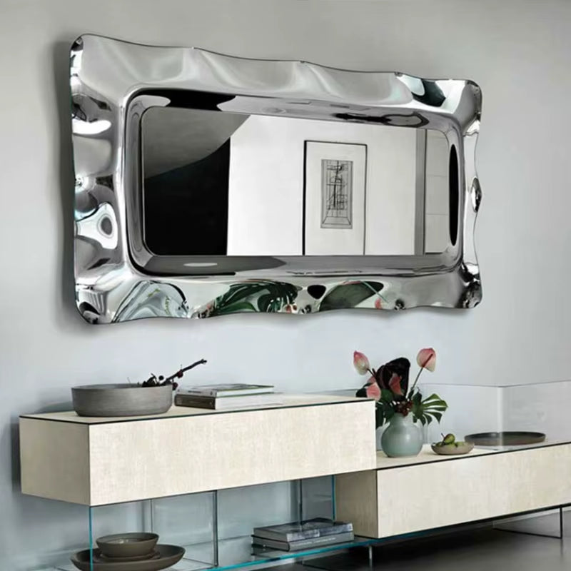 Wave Mirror Decorative Wall Mirror Sparkle Handmade Beveled Decor Mirror Stunning Silver Finished Modern Metal Wall Art