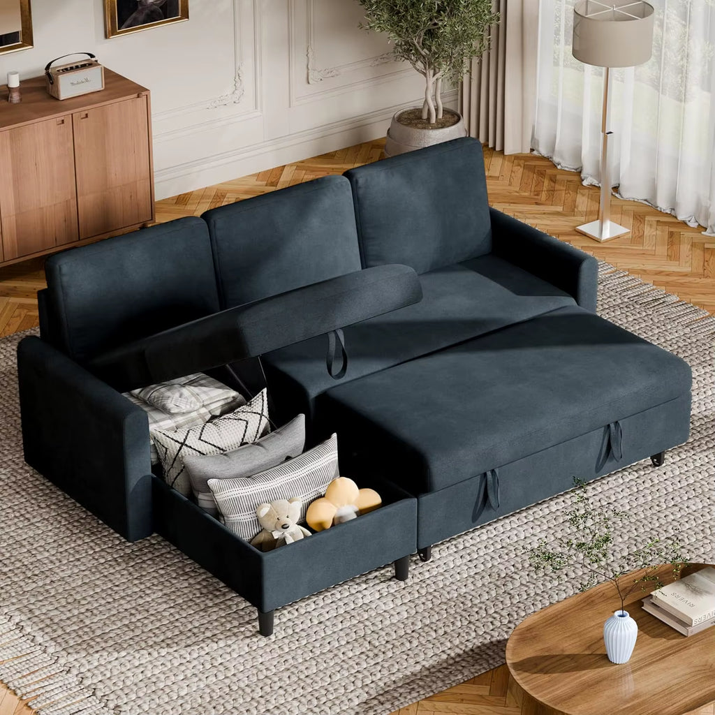2 in 1 Pull Out Sofa Bed with Storage Chaise Linen Sectional Sleeper Couch for Living Room