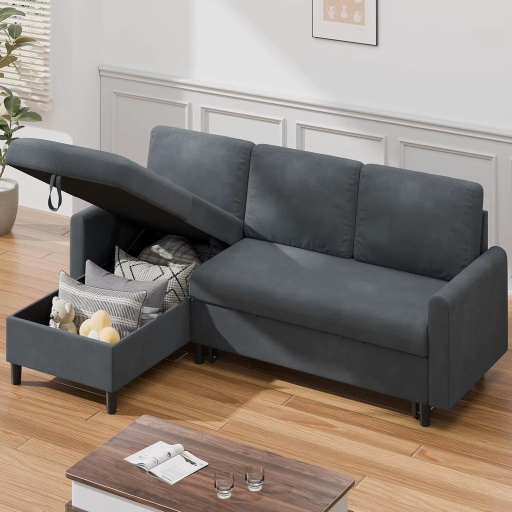 2 in 1 Pull Out Sofa Bed with Storage Chaise Linen Sectional Sleeper Couch for Living Room