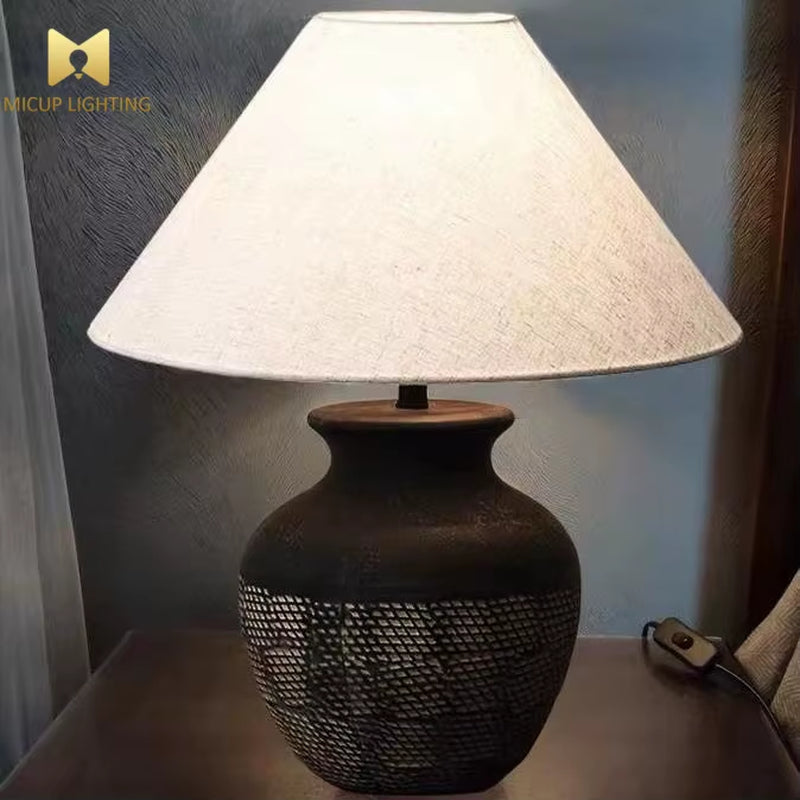 Handmade Vintage Style Ceramic Table Lamp Classic Home Decor with Rustic Porcelain Antiqued Material Battery Powered