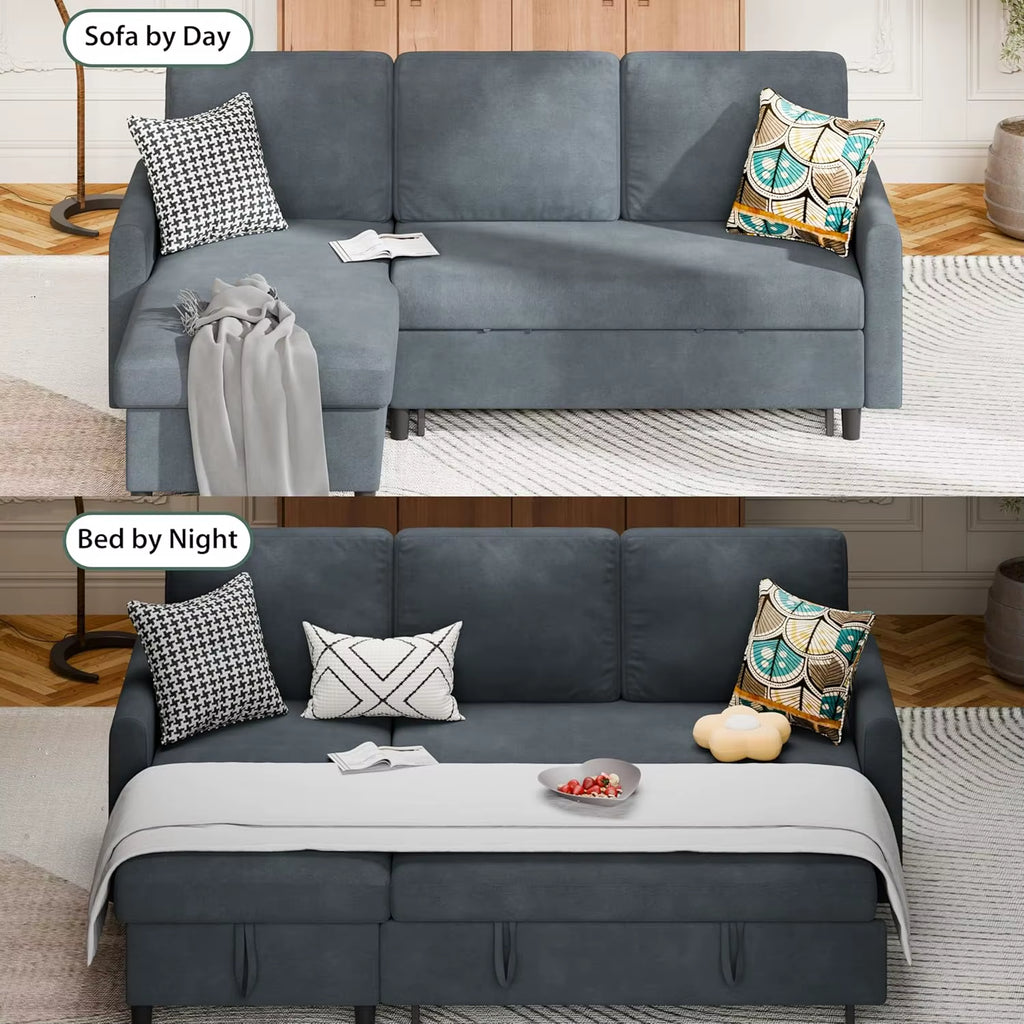 2 in 1 Pull Out Sofa Bed with Storage Chaise Linen Sectional Sleeper Couch for Living Room